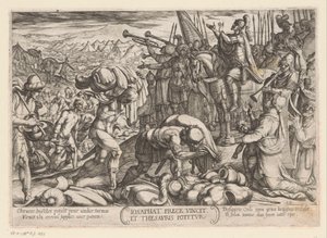 Josaphat takker Gud for hans seier Iosaphat prece vincit et thesauris potitur (tittel på objekt) kampscener fra Det gamle testamente (serietittel) av Antonio Tempesta