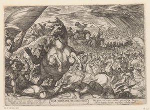 Joshua beordrer solen til å stå stille Iosue imperante sol constitit (tittel på objekt) kampscener fra det gamle testamente (serietittel) av Antonio Tempesta