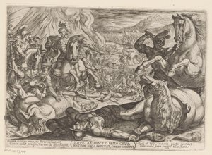 Josva lammer hestene og brenner nasjonenes vogner Iosue absoluto bello crura hostium equis amputat, currus comburit (tittel på objekt) Det gamle testamente kampscener (serietittel) av Antonio Tempesta