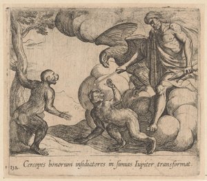Jupiter gjør Cercopes til en ape Jupiter forvandler beleiringen av det gode til aper (tittel på objekt) Metamorfoseon eller transformasjoner (serietittel) Metamorfosen van Ovidius (serietittel) av Antonio Tempesta