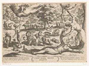 Kain dreper Abel Cainus fratri necem molitur (tittel på objekt) Det gamle testamente kampscener (serietittel) av Antonio Tempesta
