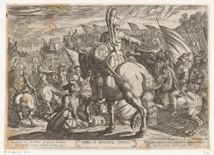 Moses beordrer israelittene til å angripe etiopierne Moyses in Aethiopas tendit (tittel på objekt) Det gamle testamente kampscener (serietittel) av Antonio Tempesta