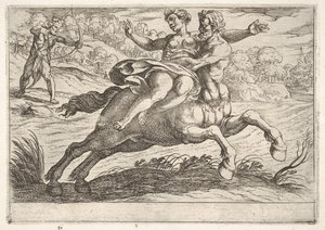 Nessus prøver å ta Dejanira fra Hercules: Nessus holder Dejanira på ryggen wh..., 1608. av Antonio Tempesta
