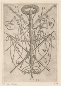 Ornament med torturverktøy Tortur påført av kristne martyrer (serietittel) Varia tormentorum et supplicioru crudelium (...) (serietittel) av Antonio Tempesta