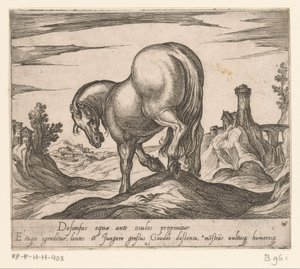 Hest som går ned en bakke sett bakfra Hester fra forskjellige land (serietittel) Hans ducibus princeps celebraberis ore viroru illa homines slo haec sideribusq locat (serietittel) av Antonio Tempesta