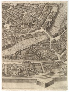 Plan for byen Roma. Del 10 med Tiberen og Villa Farnesina, 1645. av Antonio Tempesta