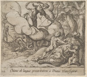 Plate 105: Diana retter buen sin mot Chione, som er ledsaget av to barn, i ant..., 1606. av Antonio Tempesta