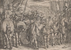 Plate 10: Alexander Finding the Body of Darius, fra The Deeds of Alexander the Great,, 1608. av Antonio Tempesta