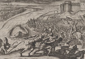 Plate 12: Å trekke et fartøy lastet med korn til land, fra The War of the Romans Against ..., 1611. av Antonio Tempesta