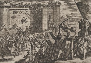 Plate 14: Nytt angrep på den gamle festningen, fra The War of the Romans Against the Batavians..., 1611. av Antonio Tempesta