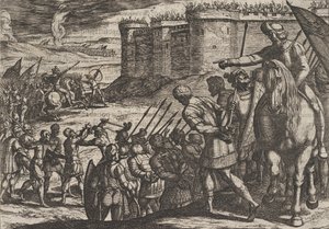 Plate 16: Romerske fanger før den gamle festningen, fra The War of the Romans Against the B..., 1611. av Antonio Tempesta