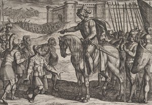 Plate 19: Menn fra festningen overgir seg og lover livet til Civilis, fra krigen ..., 1611. av Antonio Tempesta