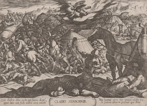 Plate 21: Herrens engel som overvinner Sanheribs hær, fra 'Th..., ca. 1590-ca. 1610. av Antonio Tempesta