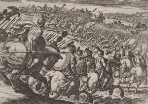 Plate 25: Den romerske sjefen Cerialis angrep nær Trier, fra The War of the Romans Agai..., 1611. av Antonio Tempesta
