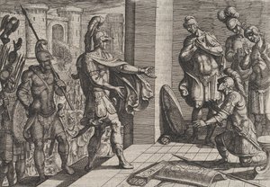 Plate 26: Cerialis benåder og avlaster romerske soldater som hadde hjulpet Civilis, fra The Wa..., 1611. av Antonio Tempesta