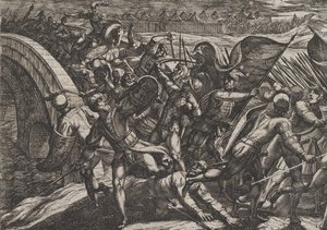 Plate 27: Nederlenderne under et overraskelsesangrep av den romerske leiren ved Mosel, fra The Wa..., 1611. av Antonio Tempesta