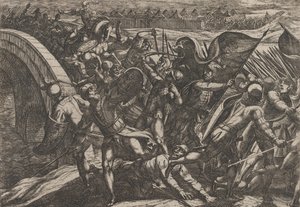Plate 27: Nederlenderne under et overraskelsesangrep av den romerske leiren ved Mosel, fra The Wa..., 1611. av Antonio Tempesta