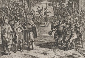 Plate 2: Romerne tar gamle nederlandske menn som gisler og forfører unge, fra krigen..., 1611. av Antonio Tempesta