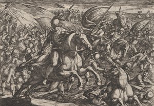 Plate 30: Cerialis driver nederlenderne inn i Rhinen, fra The War of the Romans Against th..., 1611. av Antonio Tempesta