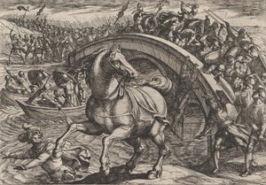 Plate 31: Civilis tvunget til å stige av og svømme over elven, fra The War of the Romans..., 1611. av Antonio Tempesta