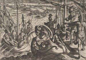 Plate 33: Nederlandske og romerske flottiller på Rhinen, fra The War of the Romans Against the B..., 1611. av Antonio Tempesta