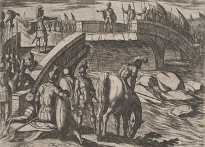 Plate 36: Civilis og Cerialis møtes på en ødelagt bro for å komme til enighet, fra The War of..., 1611. av Antonio Tempesta