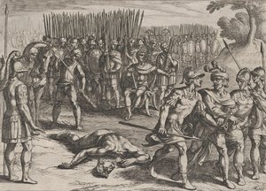 Plate 3: Claudius Civilis arrestert og hans bror Paulus halshugget, fra The War of the Ro..., 1611. av Antonio Tempesta