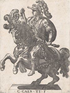 Plate 4: Keiser Gaius til hest, fra 'De første tolv romerske keiser', 1596. av Antonio Tempesta