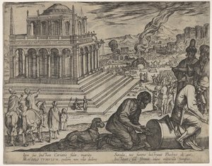 Plate 5: Mausolus grav, steinmurere lager en søyle til høyre, fra The Seven Wonders..., 1608. av Antonio Tempesta