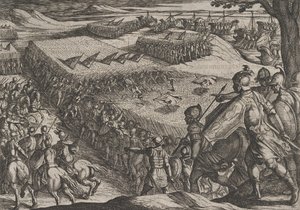 Plate 6: Romerne beseiret nær Rhinen, fra The War of the Romans Against the Batavians ..., 1611. av Antonio Tempesta