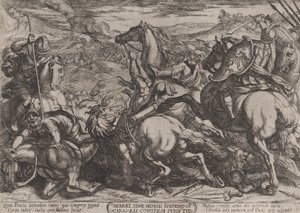 Plate 6: Israelittene beseiret av kanaaneerne for å ha vært ulydig mot Moses..., ca. 1590-ca. 1610. av Antonio Tempesta