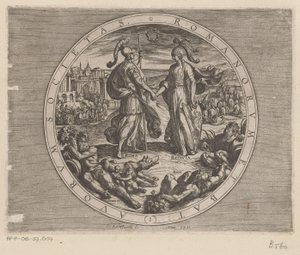 Roma en Batavia schudden hverandre de hånden Society of the Romans and the Dutch (tittel på objekt) De Bataafse oorlogen tegen de Romeinen (serietittel) Slaget om nederlenderne med romerne (serietittel) av Antonio Tempesta
