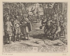 Romerne kjøper de unge nederlandske mennene fra de nederlandske eldre De bataviske krigene mot romerne (serietittel) Batavorum cum Romanis Bellum (serietittel) av Antonio Tempesta