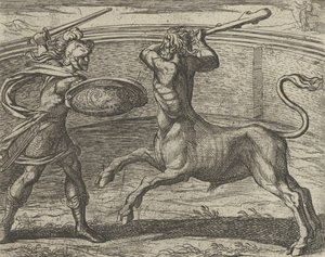 Theseus and the Minotaur Minotaurum Theseus vincit, fra The Metamorphos..., publisert etter 1606.