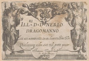 Titteltrykk med kartusj med dedikasjon, flankert av Minerva og Faam Jaktscener (del 1) (serietittel) av Antonio Tempesta