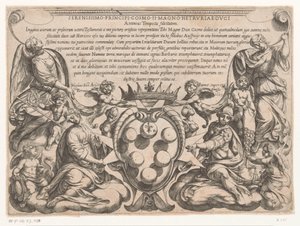 Titteltrykk med dedikasjon til og våpenskjold til Cosimo II de