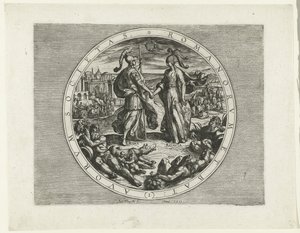 Titelprent voor de serie De Bataafse Opstand, 69-70 Society of the Romans and the Dutch (1) (tittel på objekt) De Bataafse Opstand (serietittel) Nederlendernes krig med romerne, à Cor. Tacito / De Batavische Oft Oude Hollandtsche Oorloghe teghen de Romeyne av Antonio Tempesta