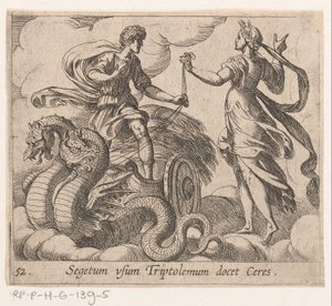 Triptolemus ontagunt de wagon van Ceres Ceres lærer Triptolemus avlingen (tittel på objekt) Metamorfoseon eller transformasjoner (serietittel) Metamorfosen van Ovidius (serietittel) av Antonio Tempesta