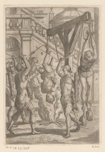 Brennende henger opp ned og slår Tortur påført av kristne martyrer (serietittel) Varia tormentorum et supplicioru crudelium (...) (serietittel) av Antonio Tempesta