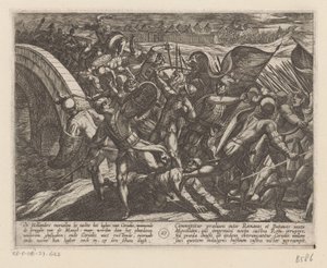 Overraskelsesangrep på den romerske leiren ved Mosel De bataviske krigene mot romerne (serietittel) Batavorum cum Romanis Bellum (serietittel) av Antonio Tempesta