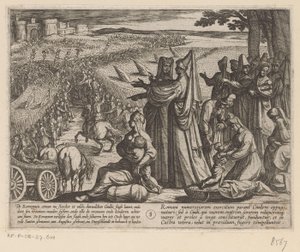 Kvinner og barn ser Julius Civilis beseire romerne De bataviske krigene mot romerne (serietittel) Batavorum cum Romanis Bellum (serietittel) av Antonio Tempesta