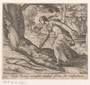 Zelfmoor van Thisbe Thijsbe hadde krysset brystet etter eksemplet med Pyramus (tittel på objekt) Metamorfoseon eller transformasjoner (serietittel) Metamorfosen van Ovidius (serietittel) av Antonio Tempesta