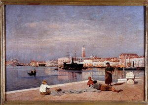 Utsikt over lagunen i Venezia fra en brygge (olje på lerret av Antonio Varni