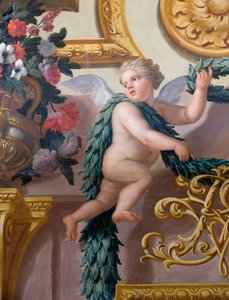 Detalj av et veggmaleri, som viser en kjerub som holder en laurbærkrans og krans, The Banqueting House