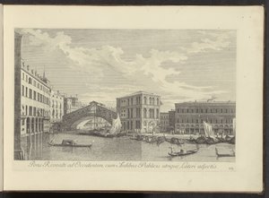 Se på Canal Grande, Palazzo dei Camerlenghi og Rialtobrug til Venetië Rivoalti-broen mot vest, med de offentlige bygningene festet til begge sider (tittel på objekt) Den mest kjente utsikten over byen Venezia, fra Antoniuskanalens 38 paneler, eks av Antonio Visentini