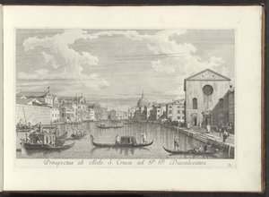 Se på Canal Grande, Santa Maria di Nazareth og San Simeone Piccolo te Venetië Prospekt fra House of the Holy Cross til P. P. Discalceatos (tittel på objekt) Den mest kjente utsikten over byen Venezia, fra Antoniuskanalens 38 paneler, trykt i messing av A av Antonio Visentini