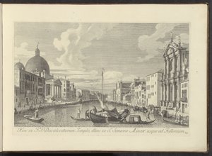 Utsikt over Canal Grande, Santa Maria di Nazareth og San Simeone Piccolo te Venetië Derav fra F.F. Temple of the Discalced, utover fra S. Simeon Minor til Fullonium (tittel på objekt) Den mest kjente utsikten over byen Venezia, fra Antonius-kanalen av Antonio Visentini
