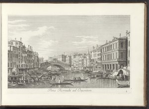 Se på Canal Grande og Rialtobrug i Venezia Rivoalti-broen til øst (tittel på objekt) Den mest kjente utsikten over byen Venezia, fra Antoniuskanalens 38 paneler, trykt på messing av Antonio Visentini, delt inn i tre deler. den andre delen (ser av Antonio Visentini