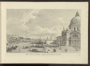 Utsikt over Canal Grande en de Santa Maria della Salute te Venetië Fra salutthuset, opp til kanalhodet (tittel på objekt) Den mest kjente utsikten over byen Venezia, fra de 38. panelene til Antonius-kanalen, trykt på lufta av Antonio Visentini i tre deler