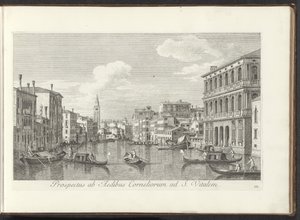 Visning av Canal Grande og toren av San Vitale te Venetië Prospekt av Aedibus Corneliorum ad S. Vitale (tittel på objekt) Den mest kjente utsikten over byen Venezia, fra Antonius-kanalens 38. paneler trykt i messing av Antonio Visentini av Antonio Visentini